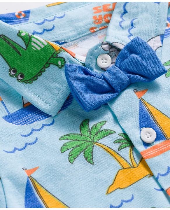 Babyhug Single Jersey Knit Half Sleeves Nautical Theme Printed Shirt & Shorts Set With Bow Applique & Suspender - Multicolor