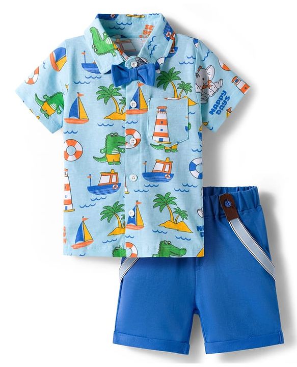 Babyhug Single Jersey Knit Half Sleeves Nautical Theme Printed Shirt & Shorts Set With Bow Applique & Suspender - Multicolor