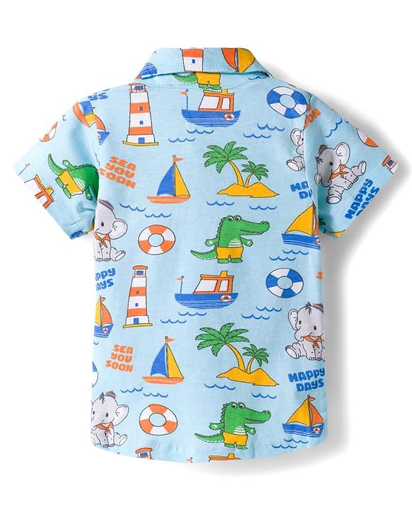 Babyhug Single Jersey Knit Half Sleeves Nautical Theme Printed Shirt & Shorts Set With Bow Applique & Suspender - Multicolor