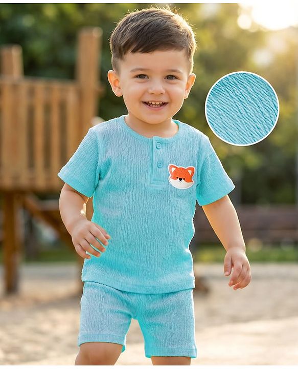 Babyhug 100% Cotton Knit Half Sleeves Fox Embroidered T-Shirt With Short Set - Light Blue