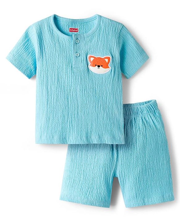 Babyhug 100% Cotton Knit Half Sleeves Fox Embroidered T-Shirt With Short Set - Light Blue