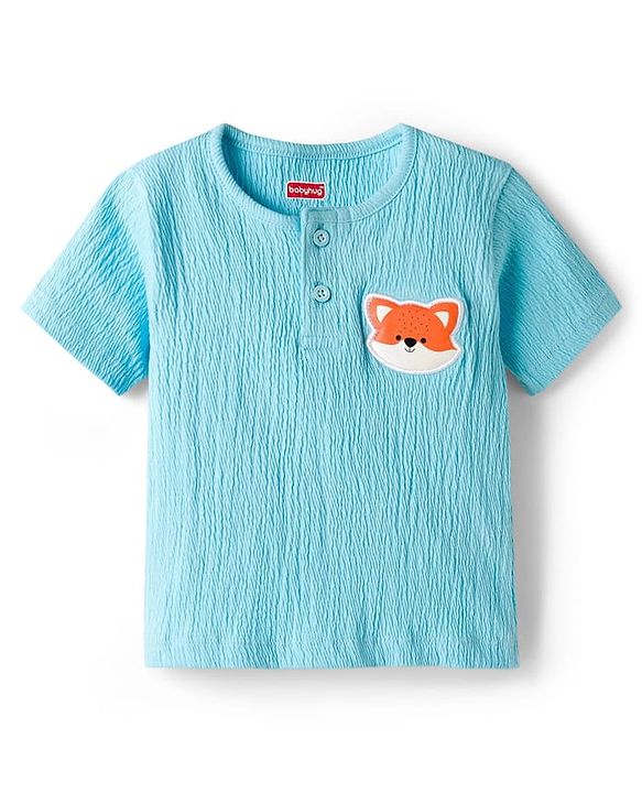 Babyhug 100% Cotton Knit Half Sleeves Fox Embroidered T-Shirt With Short Set - Light Blue