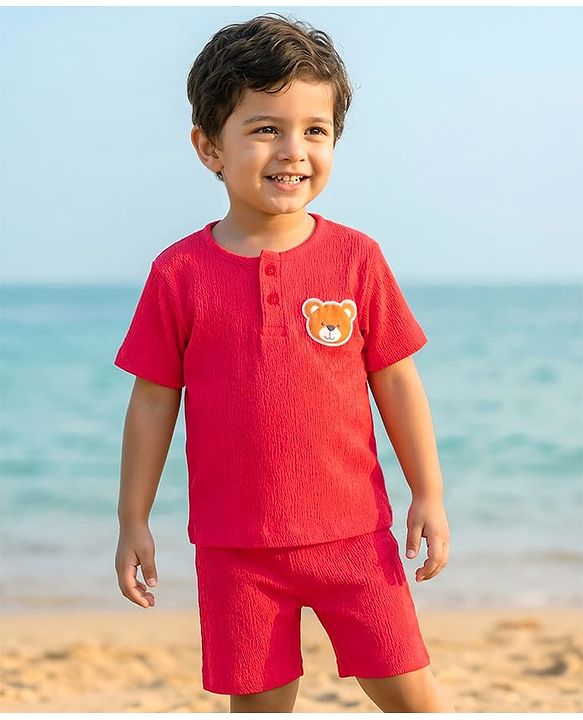 Babyhug Single Jersey Knit Half Sleeves T-Shirt & Shorts Set with Bear Patch Detailing - Red