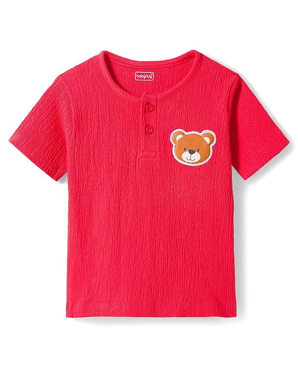 Babyhug Single Jersey Knit Half Sleeves T-Shirt & Shorts Set with Bear Patch Detailing - Red