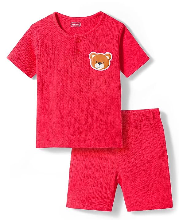 Babyhug Single Jersey Knit Half Sleeves T-Shirt & Shorts Set with Bear Patch Detailing - Red