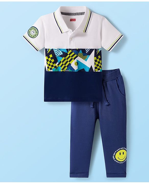 Babyhug Single Jersey Knit Half Sleeves Cut & Sew Polo T-Shirt & Lounge Pant Set with Smiley Print - Navy Blue