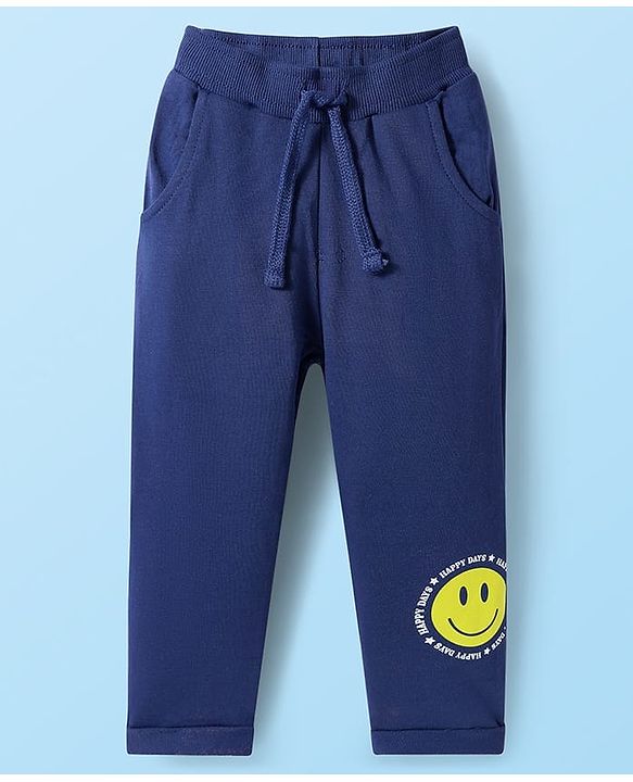 Babyhug Single Jersey Knit Half Sleeves Cut & Sew Polo T-Shirt & Lounge Pant Set with Smiley Print - Navy Blue