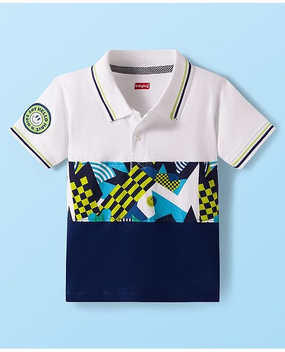 Babyhug Single Jersey Knit Half Sleeves Cut & Sew Polo T-Shirt & Lounge Pant Set with Smiley Print - Navy Blue