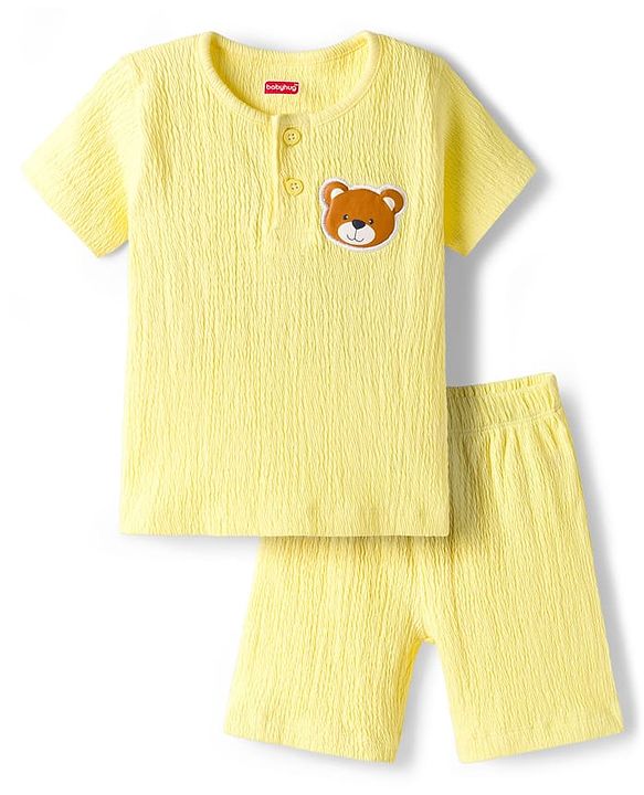 Babyhug Single Jersey Knit Half Sleeves T-Shirt & Shorts Set with Bear Patch Detailing - Yellow