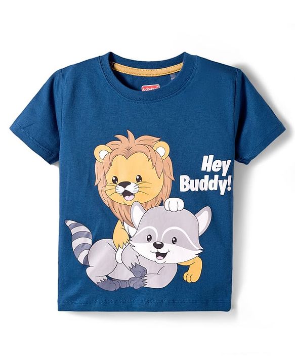 Babyhug Single Jersey Knit Half Sleeves T-Shirt & Woven Shorts Set With Animal Print - Blue & Beige