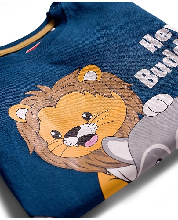 Babyhug Single Jersey Knit Half Sleeves T-Shirt & Woven Shorts Set With Animal Print - Blue & Beige