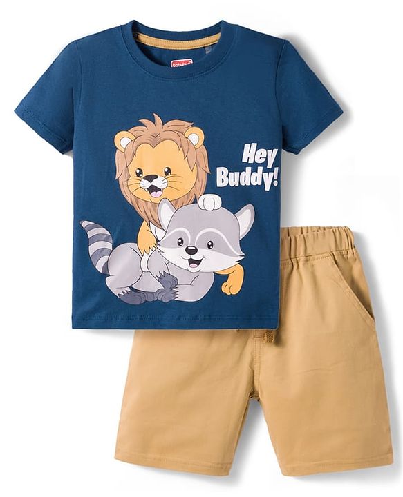 Babyhug Single Jersey Knit Half Sleeves T-Shirt & Woven Shorts Set With Animal Print - Blue & Beige