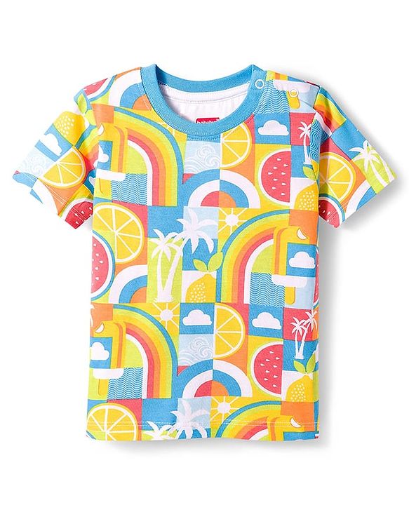 Babyhug Single Jersey Knit Half Sleeves T-Shirt & Shorts Set With Tropical Print - Multicolor
