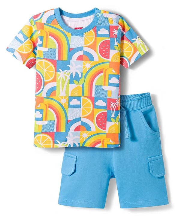 Babyhug Single Jersey Knit Half Sleeves T-Shirt & Shorts Set With Tropical Print - Multicolor