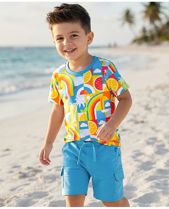 Babyhug Single Jersey Knit Half Sleeves T-Shirt & Shorts Set With Tropical Print - Multicolor