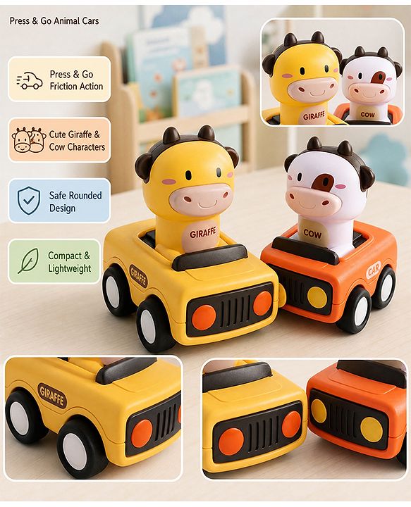 Babyhug Press & Go Giraffe and Cow Characters Cars for Toddlers| Animal Mini Racing Car for Early Learning|Fun Toy for 3+ Years Kids |BIS Certified| Pack of 2| Imaginative Play| Toddler Gifting Option