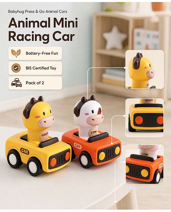 Babyhug Press & Go Giraffe and Cow Characters Cars for Toddlers| Animal Mini Racing Car for Early Learning|Fun Toy for 3+ Years Kids |BIS Certified| Pack of 2| Imaginative Play| Toddler Gifting Option