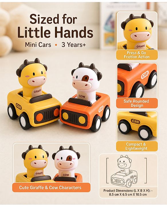 Babyhug Press & Go Giraffe and Cow Characters Cars for Toddlers| Animal Mini Racing Car for Early Learning|Fun Toy for 3+ Years Kids |BIS Certified| Pack of 2| Imaginative Play| Toddler Gifting Option