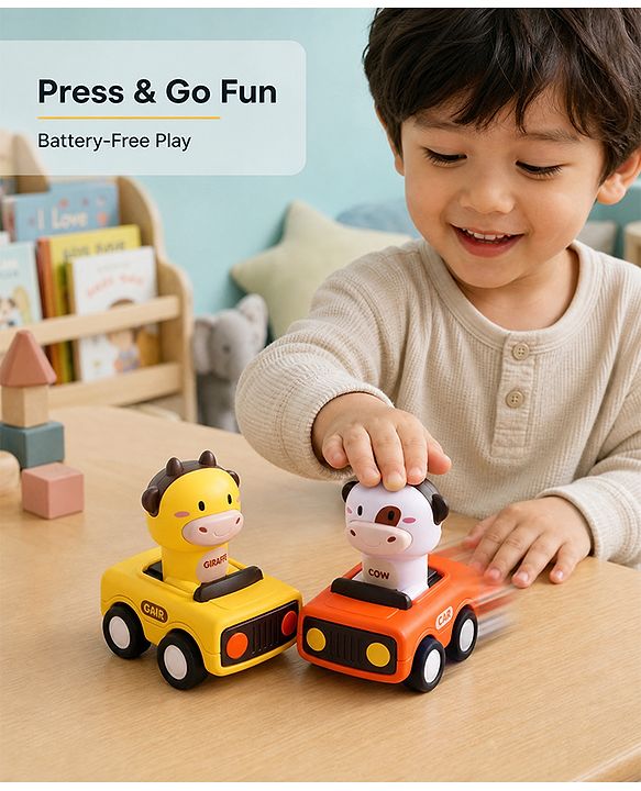 Babyhug Press & Go Giraffe and Cow Characters Cars for Toddlers| Animal Mini Racing Car for Early Learning|Fun Toy for 3+ Years Kids |BIS Certified| Pack of 2| Imaginative Play| Toddler Gifting Option