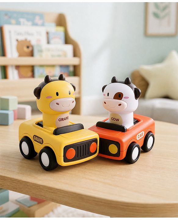 Babyhug Press & Go Giraffe and Cow Characters Cars for Toddlers| Animal Mini Racing Car for Early Learning|Fun Toy for 3+ Years Kids |BIS Certified| Pack of 2| Imaginative Play| Toddler Gifting Option