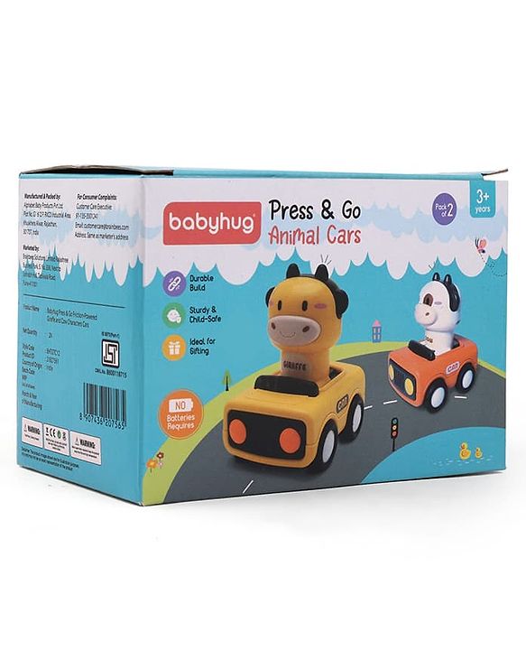 Babyhug Press & Go Giraffe and Cow Characters Cars for Toddlers| Animal Mini Racing Car for Early Learning|Fun Toy for 3+ Years Kids |BIS Certified| Pack of 2| Imaginative Play| Toddler Gifting Option