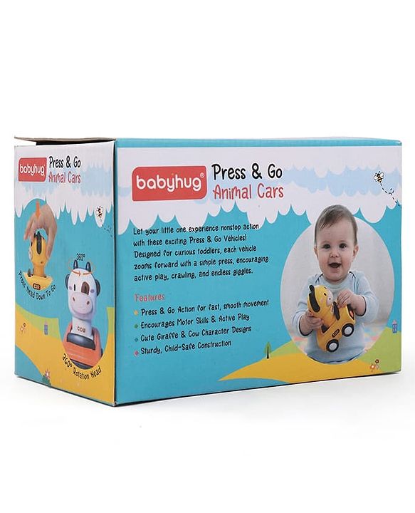 Babyhug Press & Go Giraffe and Cow Characters Cars for Toddlers| Animal Mini Racing Car for Early Learning|Fun Toy for 3+ Years Kids |BIS Certified| Pack of 2| Imaginative Play| Toddler Gifting Option