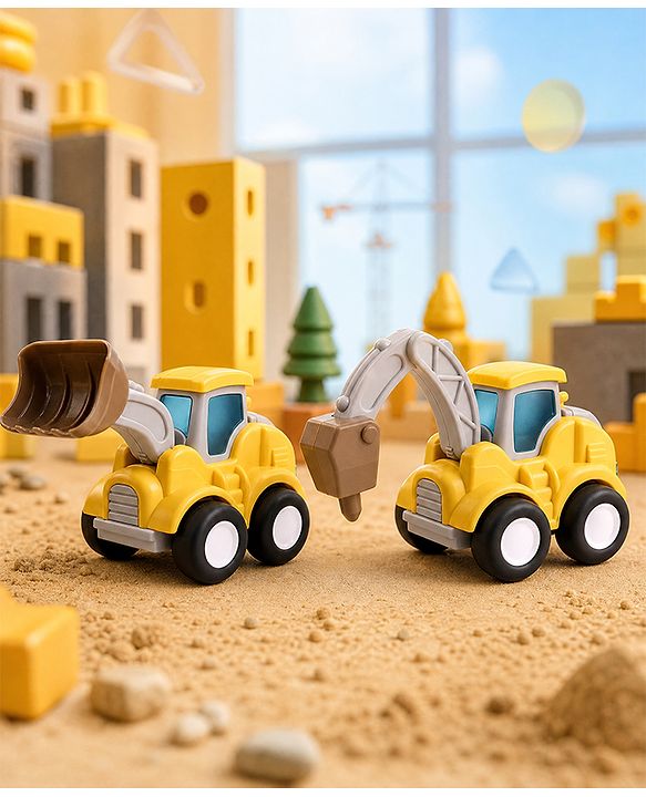 Babyhug Press & Go Mini Bulldozer & Driller Truck Toy with Flexible Joints for Toddlers| Early Learning & Development| Pretend Play Toy| Fun Toy for 3+ Years Kids |BIS Certified| Pack of 2