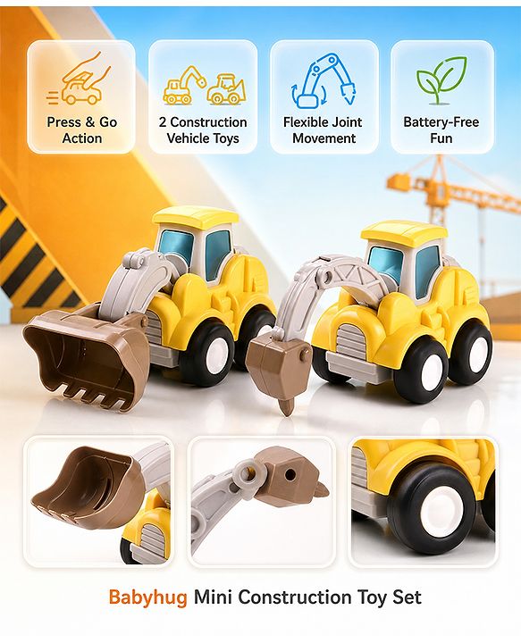 Babyhug Press & Go Mini Bulldozer & Driller Truck Toy with Flexible Joints for Toddlers| Early Learning & Development| Pretend Play Toy| Fun Toy for 3+ Years Kids |BIS Certified| Pack of 2