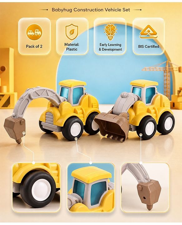 Babyhug Press & Go Mini Bulldozer & Driller Truck Toy with Flexible Joints for Toddlers| Early Learning & Development| Pretend Play Toy| Fun Toy for 3+ Years Kids |BIS Certified| Pack of 2
