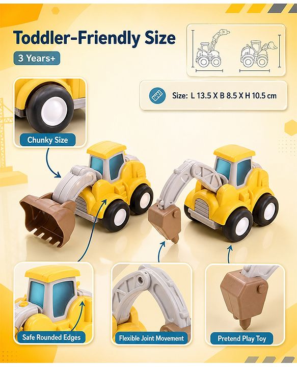 Babyhug Press & Go Mini Bulldozer & Driller Truck Toy with Flexible Joints for Toddlers| Early Learning & Development| Pretend Play Toy| Fun Toy for 3+ Years Kids |BIS Certified| Pack of 2