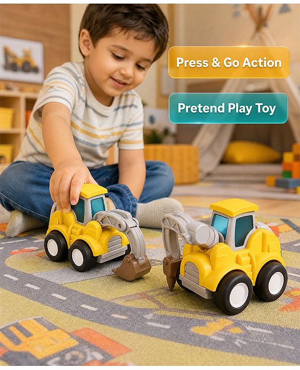 Babyhug Press & Go Mini Bulldozer & Driller Truck Toy with Flexible Joints for Toddlers| Early Learning & Development| Pretend Play Toy| Fun Toy for 3+ Years Kids |BIS Certified| Pack of 2