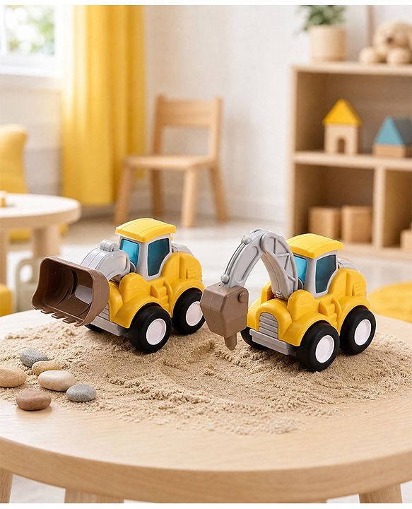 Babyhug Press & Go Mini Bulldozer & Driller Truck Toy with Flexible Joints for Toddlers| Early Learning & Development| Pretend Play Toy| Fun Toy for 3+ Years Kids |BIS Certified| Pack of 2