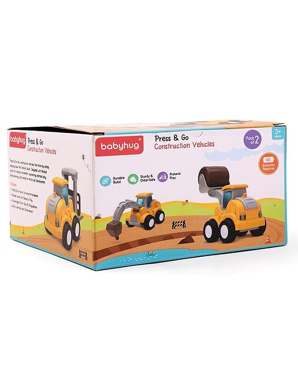 Babyhug Press & Go Mini Bulldozer & Driller Truck Toy with Flexible Joints for Toddlers| Early Learning & Development| Pretend Play Toy| Fun Toy for 3+ Years Kids |BIS Certified| Pack of 2