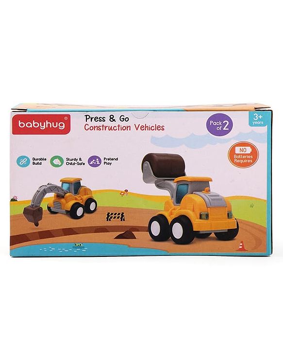 Babyhug Press & Go Mini Bulldozer & Driller Truck Toy with Flexible Joints for Toddlers| Early Learning & Development| Pretend Play Toy| Fun Toy for 3+ Years Kids |BIS Certified| Pack of 2
