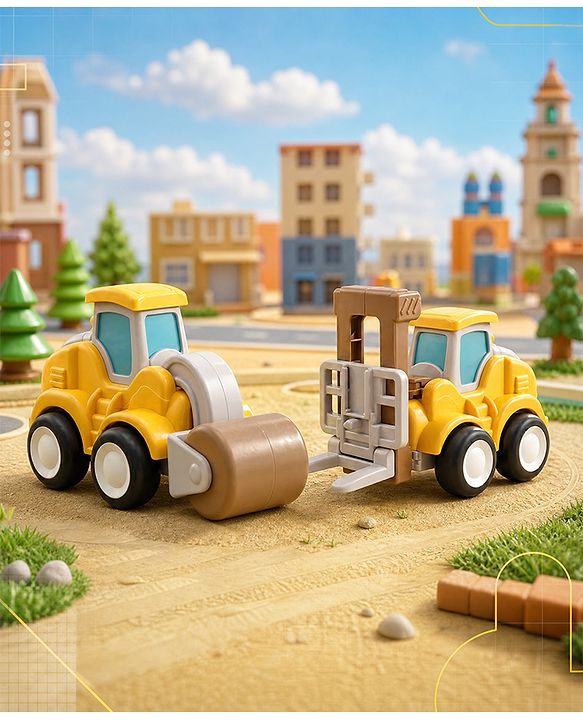 Babyhug Press & Go Mini Bulldozer & Driller Truck Toy with Flexible Joints for Toddlers| Early Learning & Development| Pretend Play Toy| Fun Toy for 3+ Years Kids |BIS Certified| Pack of 2