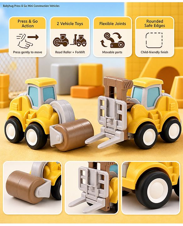 Babyhug Press & Go Mini Bulldozer & Driller Truck Toy with Flexible Joints for Toddlers| Early Learning & Development| Pretend Play Toy| Fun Toy for 3+ Years Kids |BIS Certified| Pack of 2