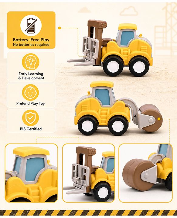 Babyhug Press & Go Mini Bulldozer & Driller Truck Toy with Flexible Joints for Toddlers| Early Learning & Development| Pretend Play Toy| Fun Toy for 3+ Years Kids |BIS Certified| Pack of 2