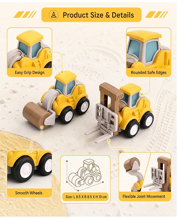 Babyhug Press & Go Mini Bulldozer & Driller Truck Toy with Flexible Joints for Toddlers| Early Learning & Development| Pretend Play Toy| Fun Toy for 3+ Years Kids |BIS Certified| Pack of 2