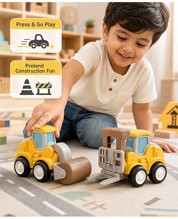 Babyhug Press & Go Mini Bulldozer & Driller Truck Toy with Flexible Joints for Toddlers| Early Learning & Development| Pretend Play Toy| Fun Toy for 3+ Years Kids |BIS Certified| Pack of 2
