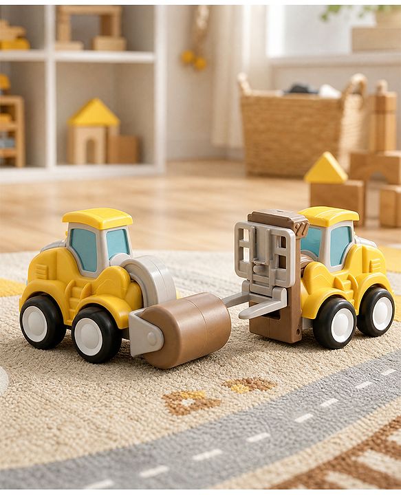 Babyhug Press & Go Mini Bulldozer & Driller Truck Toy with Flexible Joints for Toddlers| Early Learning & Development| Pretend Play Toy| Fun Toy for 3+ Years Kids |BIS Certified| Pack of 2