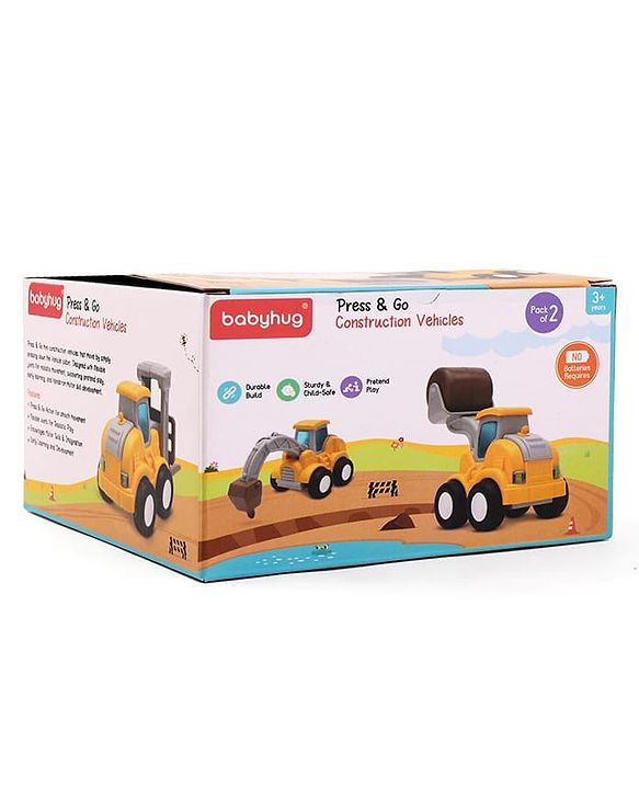 Babyhug Press & Go Mini Bulldozer & Driller Truck Toy with Flexible Joints for Toddlers| Early Learning & Development| Pretend Play Toy| Fun Toy for 3+ Years Kids |BIS Certified| Pack of 2