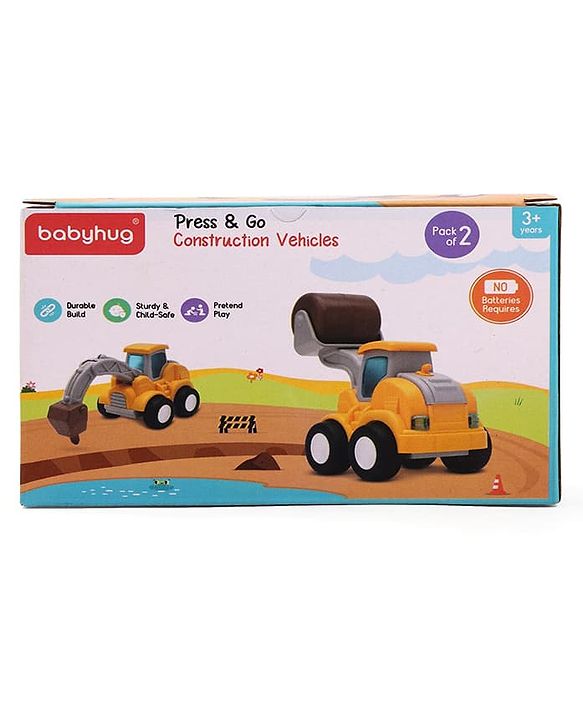 Babyhug Press & Go Mini Bulldozer & Driller Truck Toy with Flexible Joints for Toddlers| Early Learning & Development| Pretend Play Toy| Fun Toy for 3+ Years Kids |BIS Certified| Pack of 2