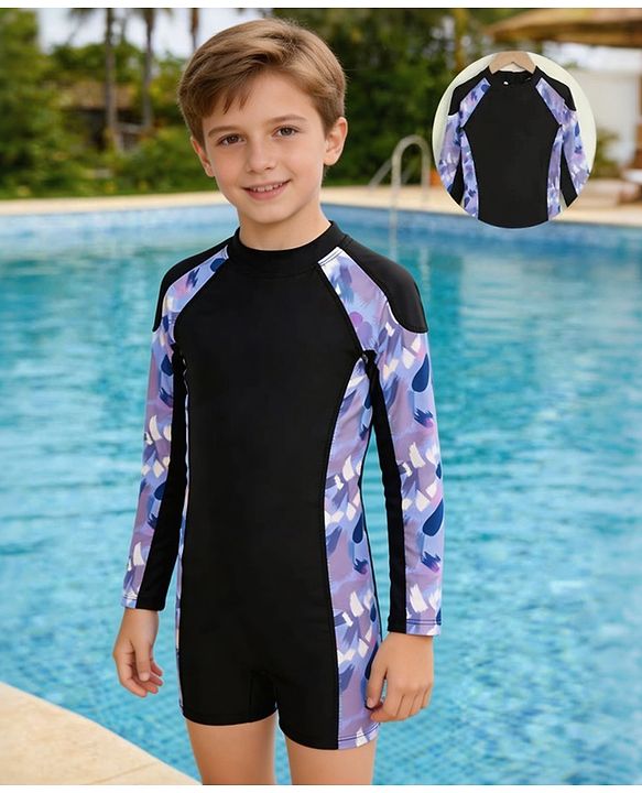 Pine Kids Full Raglan Sleeves Printed Legged Swimsuit - Black