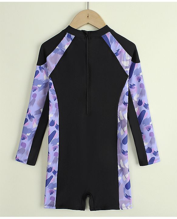 Pine Kids Full Raglan Sleeves Printed Legged Swimsuit - Black