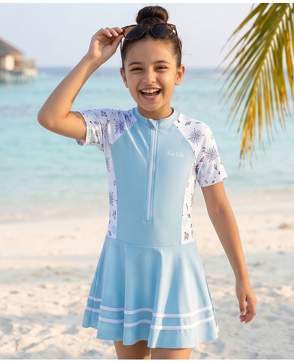 Pine Kids Half Raglan Sleeves Printed Frock Swimsuit - Blue