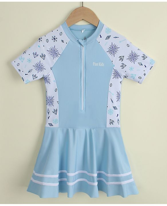 Pine Kids Half Raglan Sleeves Printed Frock Swimsuit - Blue