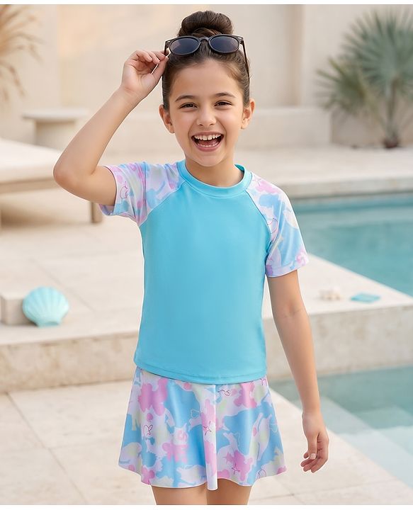 Pine Kids Half Raglan Sleeves Printed Two Piece Swimsuit - Light Blue
