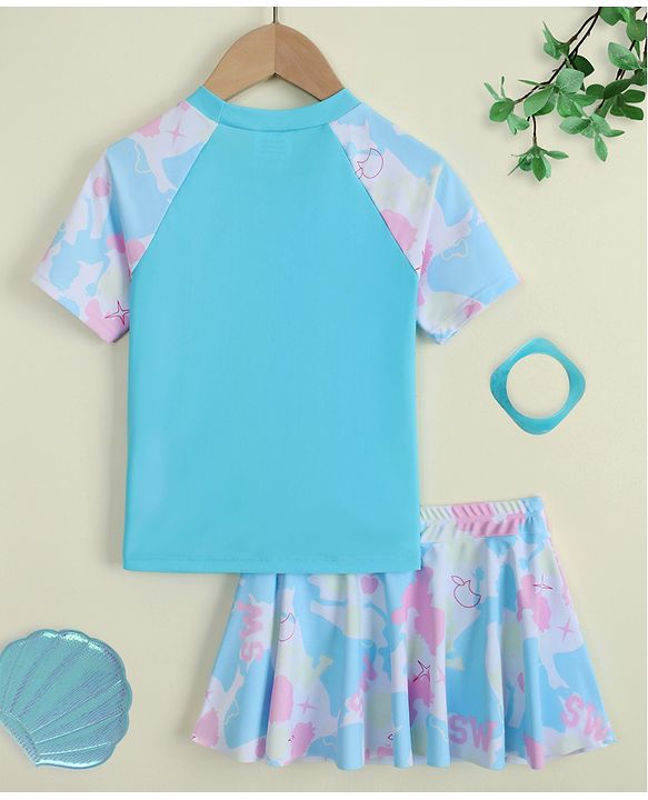 Pine Kids Half Raglan Sleeves Printed Two Piece Swimsuit - Light Blue