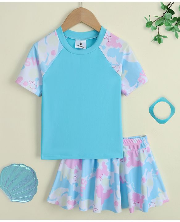 Pine Kids Half Raglan Sleeves Printed Two Piece Swimsuit - Light Blue