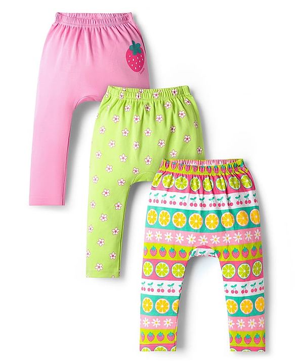 Babyhug Cotton Interlock Knit Full Length Diaper Leggings With Floral Print Pack Of 3 - Pink & Green